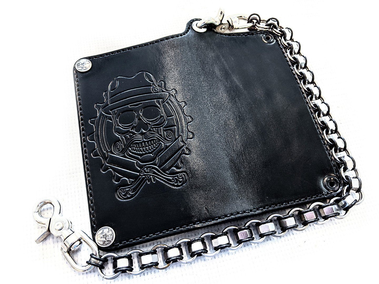 Long Biker Leather Chain Wallet - Cholo Skull - Anvil Customs