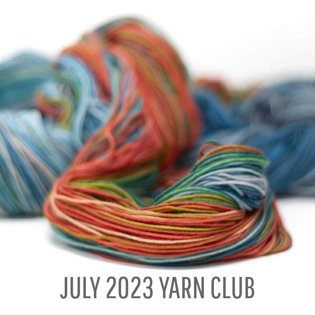 July 2023 yarn club orange gold green blue yarn