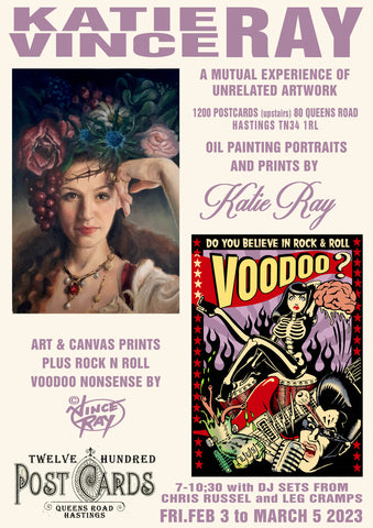 Vince Ray and Katie Ray Artshow flyer at Twelve Hundred Postcards in Hastings