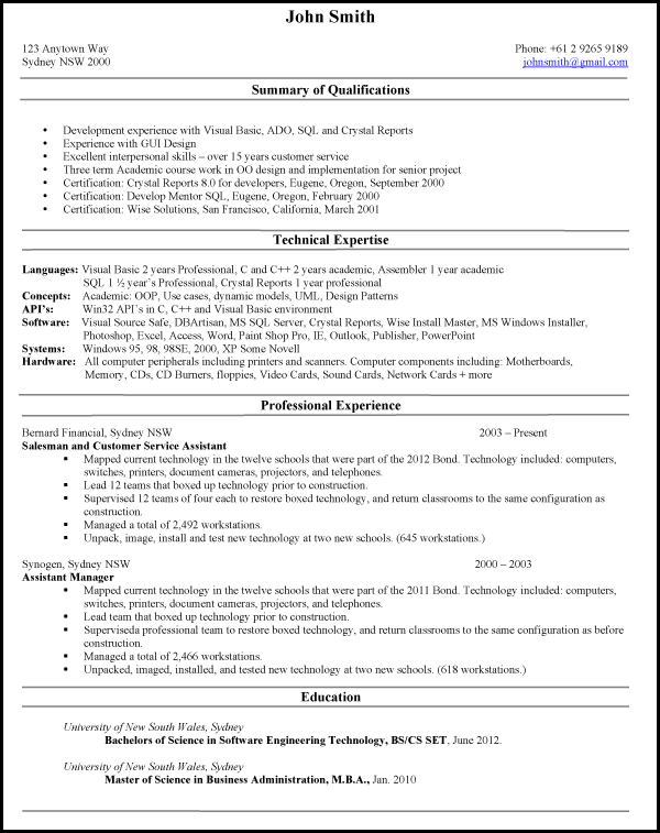 resume sample australia style