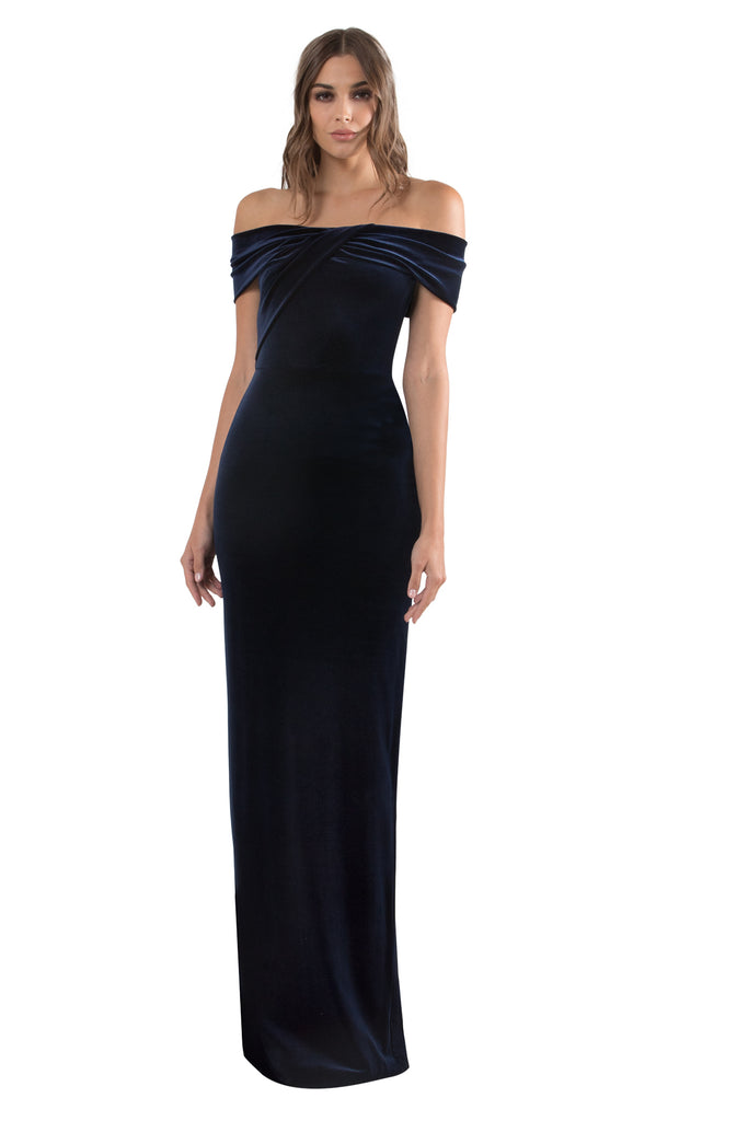 black halo off the shoulder gown