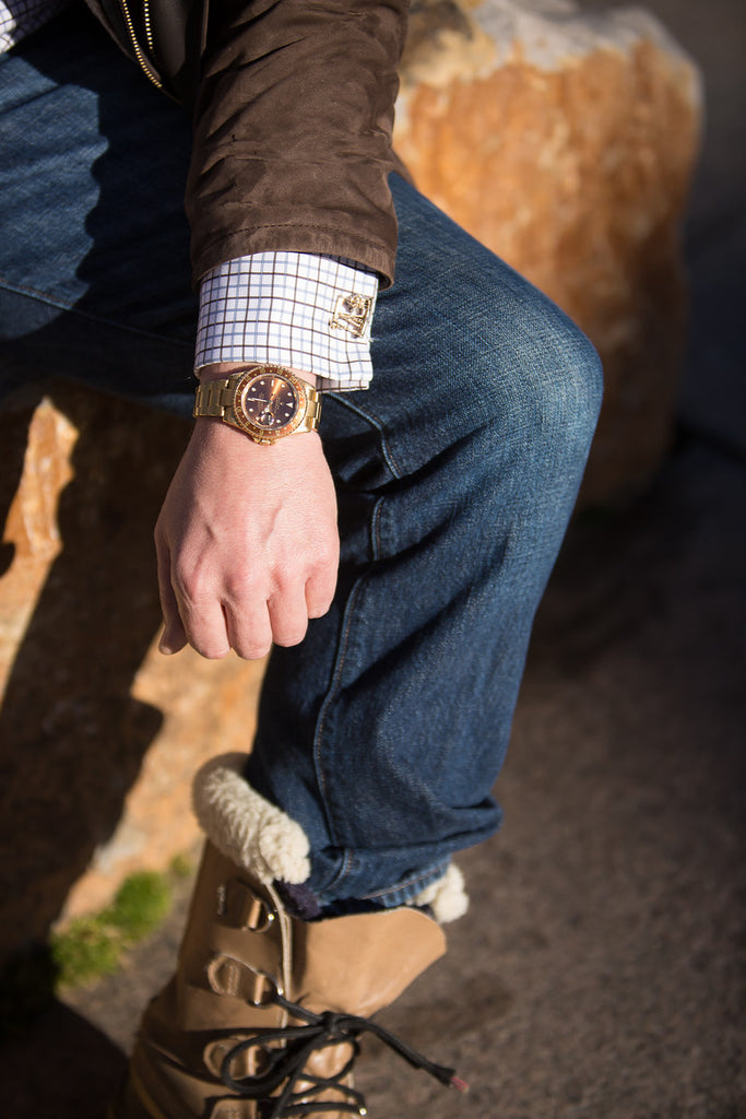 Oil Derek 14K Gold Cuff Links &Amp; Gold Gmt Rootbeer Rolex Watch