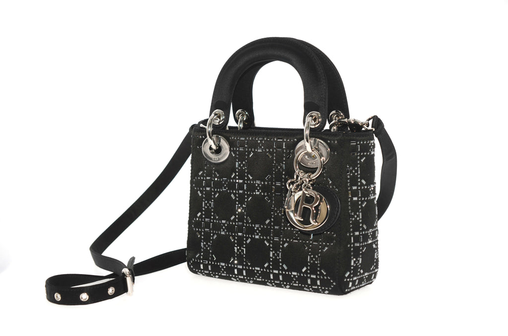 CHRISTIAN DIOR MINI LADY DIOR BAG IN BLACK &quot;CANNAGE&quot; SATIN WITH RHINES – The Vintage Contessa ...