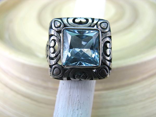 Balinese Blue Topaz Large Filigree Square 925 Sterling Silver Ring ...