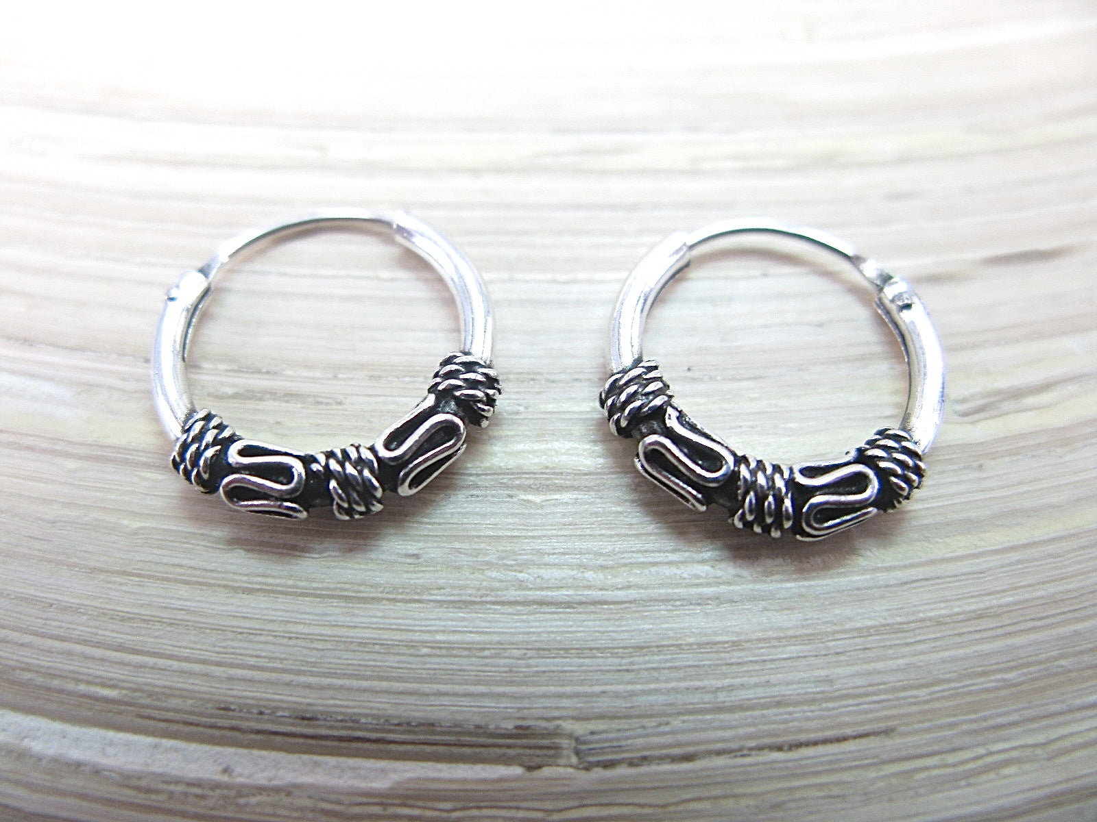 14mm Balinese Hoop Earrings in 925 Sterling Silver | Dragonfly Oxidized ...