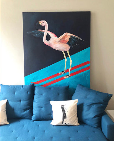Original Flamingo skiing painting
