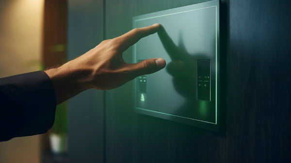 Hotel guest using biometric scanner on a high-tech safe.