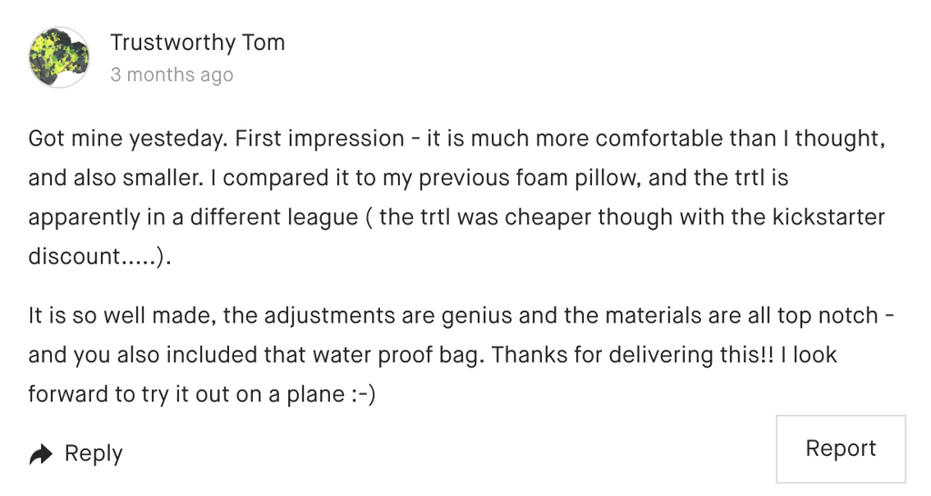 Trtl Pillow Plus Feedback from Kickstarter Backer Tom