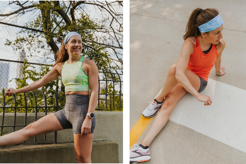 Two pictures of Katie stretching in Ponya Bands Bamboo Terry Lined Sweatband