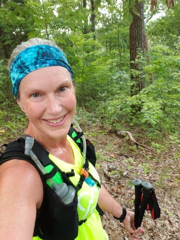 Woman in Ponya Bands Bamboo Terry Lined Sweatband on trail