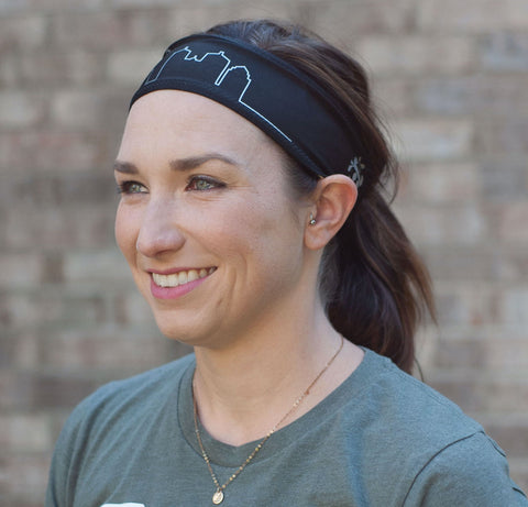 Woman in Ponya Bands' Louisville Skyline Bamboo Terry Lined Sweatband