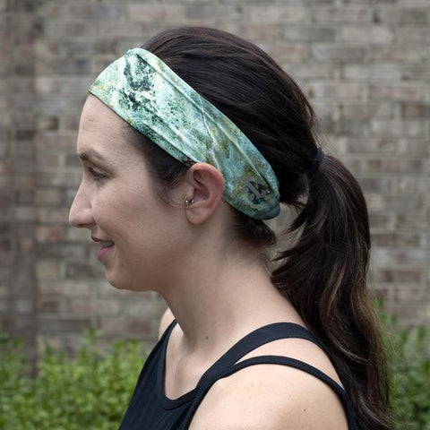 Side view of woman in Bamboo Terry Lined Sweatband