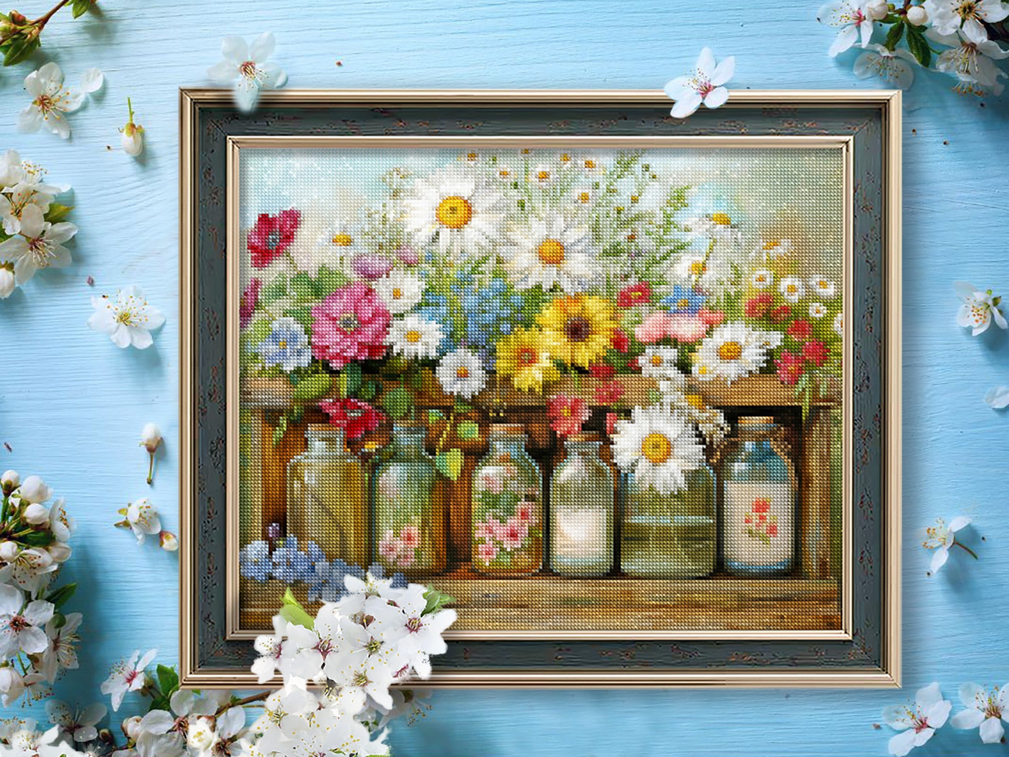 Diamond Painting Pro Bottled Blossoms Kits Framed as Home Decor