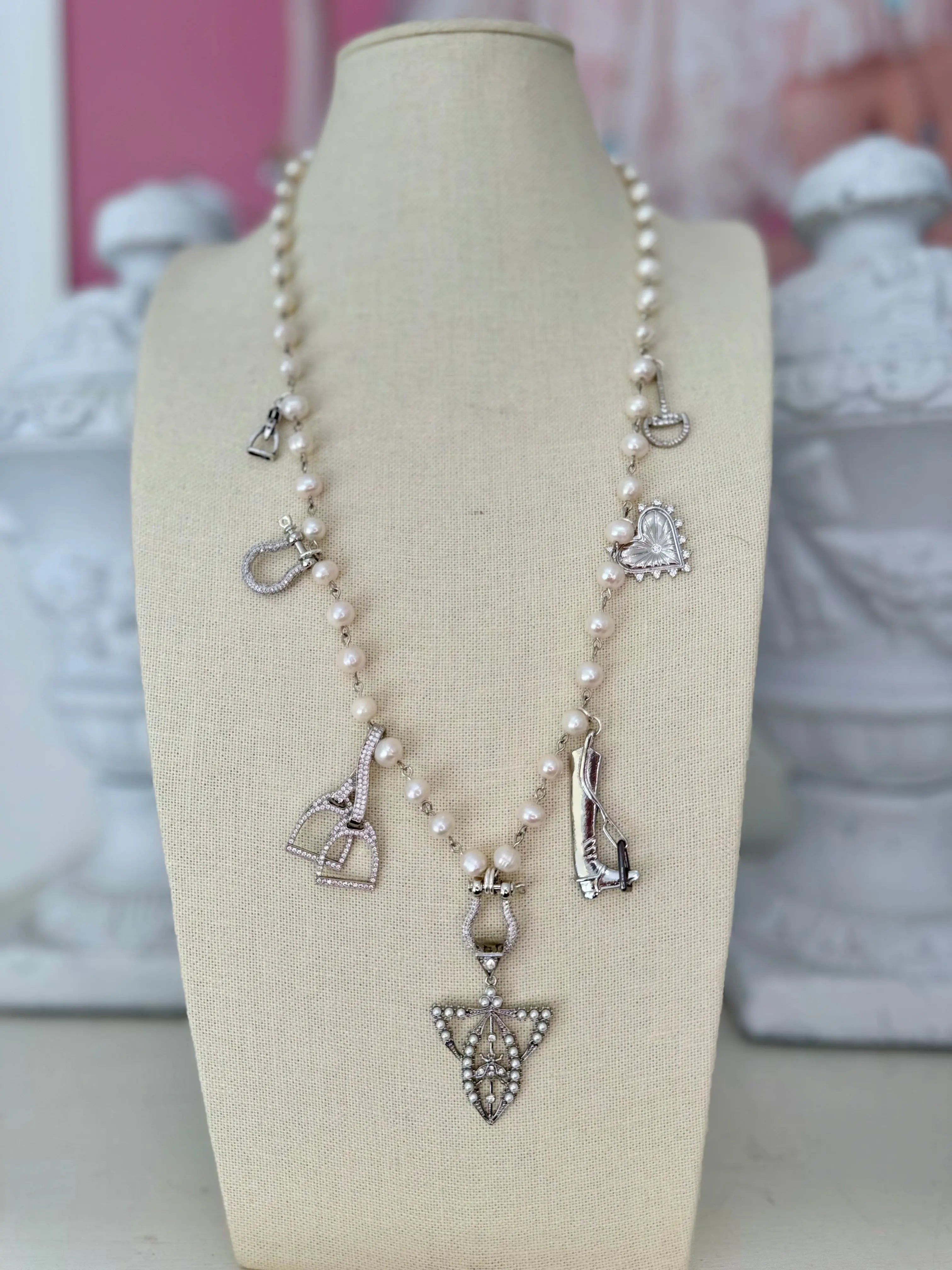 Paris Texas 7 Charm Pearl Necklace - Long Silver