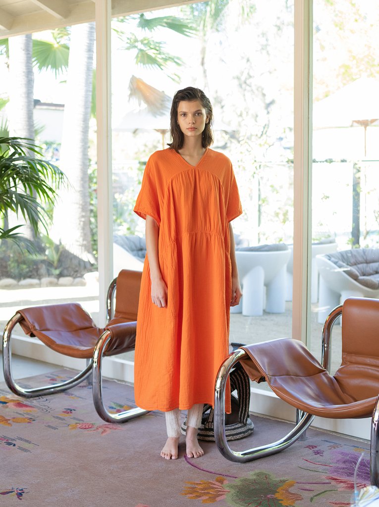 Lihue Dress, Orange, Wrinkled Cotton