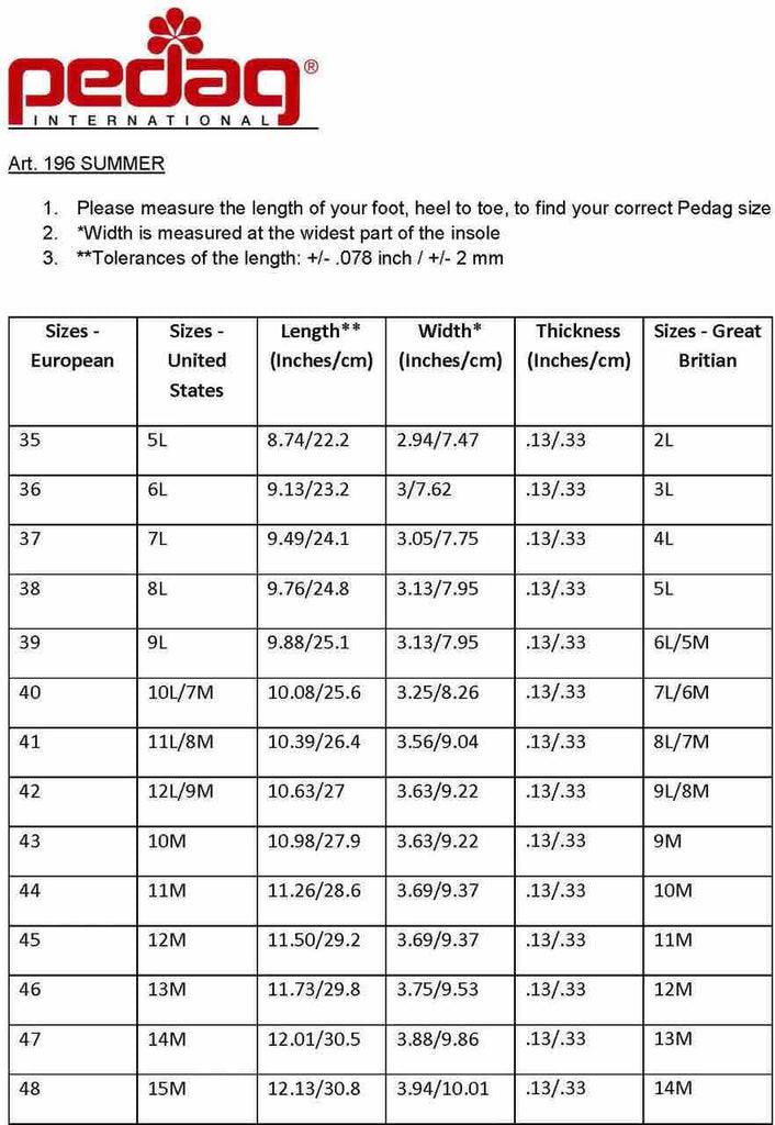 Pedag SUMMER size chart - Boutique du Cordonnier