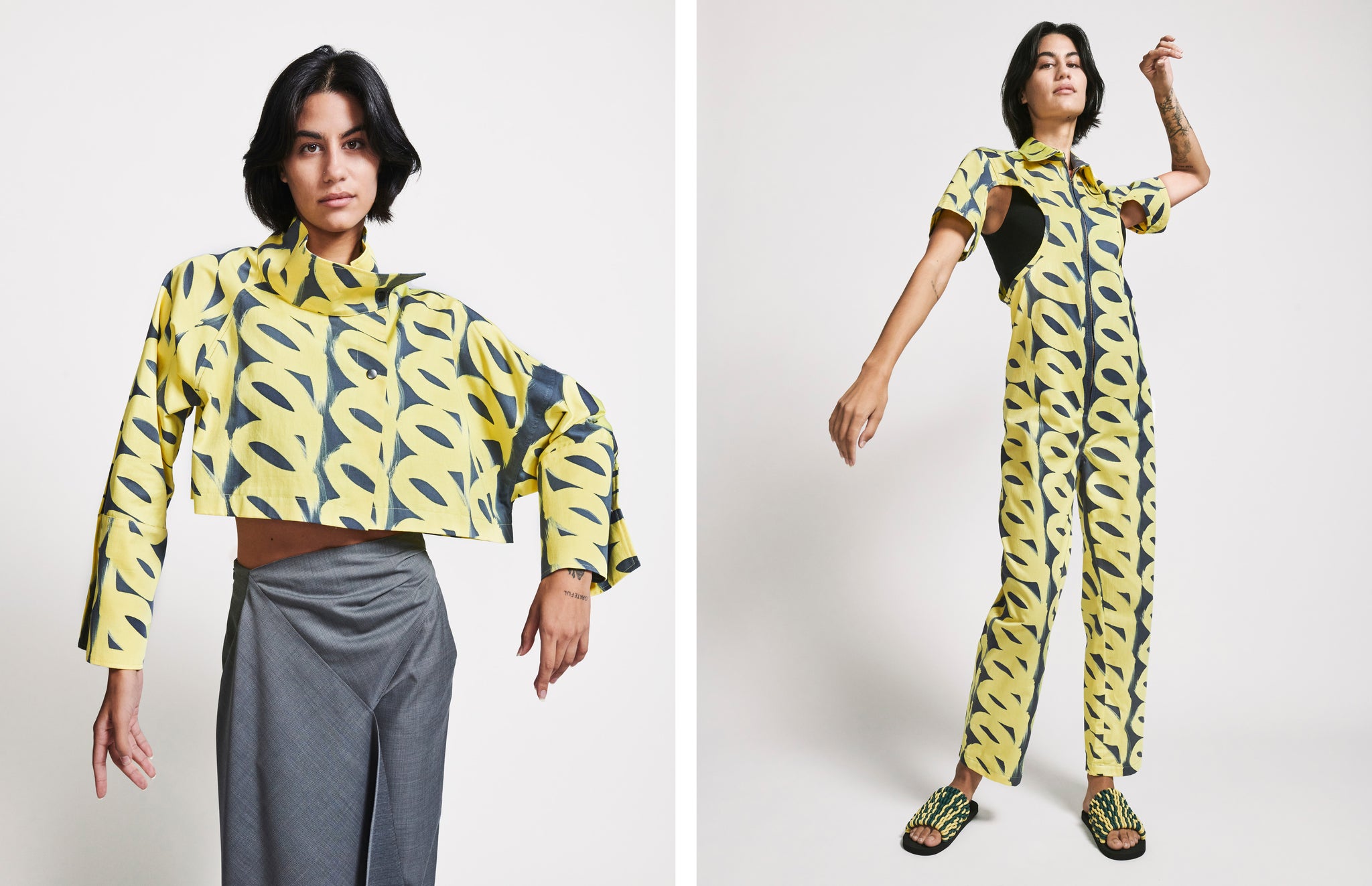 yellow and gray loop print jacket over gray wool pants on left and Jumpsuit on the right.