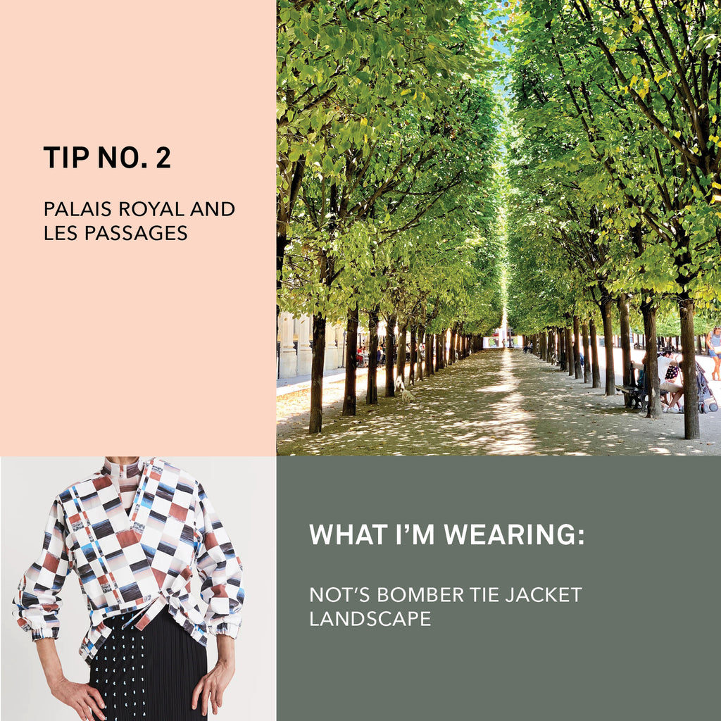 Leafy tree walkway in garden of Palais Royal paired with a colorful checked print jacket