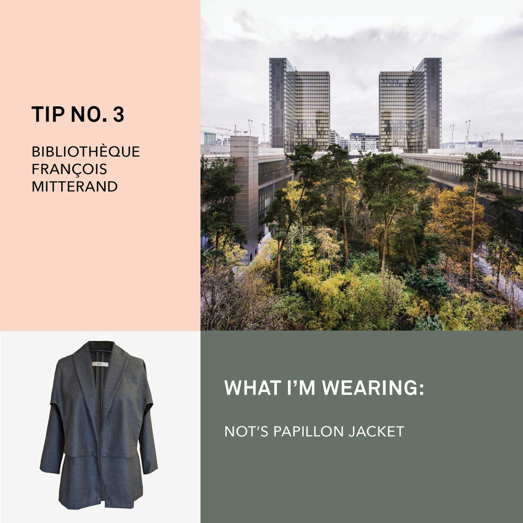 Garden of trees flanked by buildings library francois mitterand paired with product photo of gray draped jacket