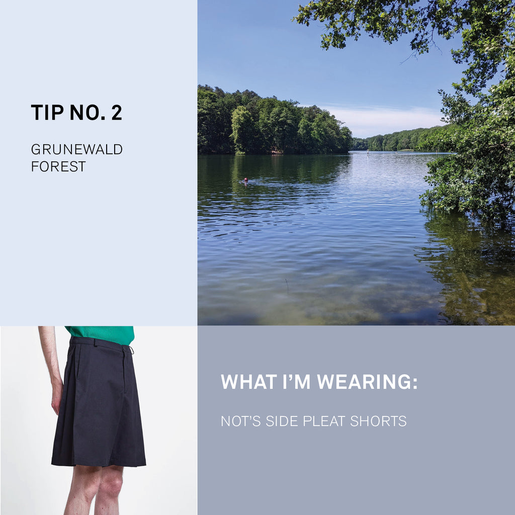 Photo of lake and forest view paired with model wearing black shorts