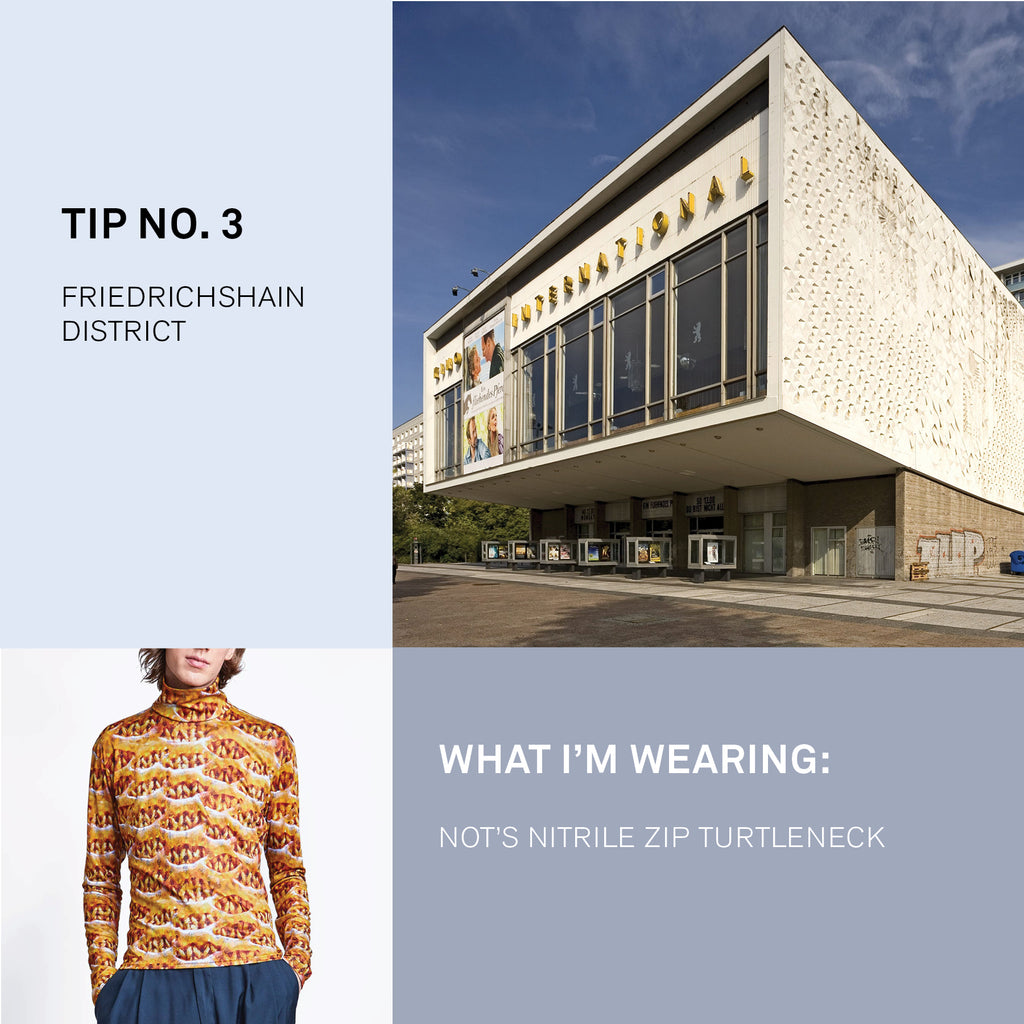 Photo of geometric building in Friedrichshain district paired with model wearing orange print shirt