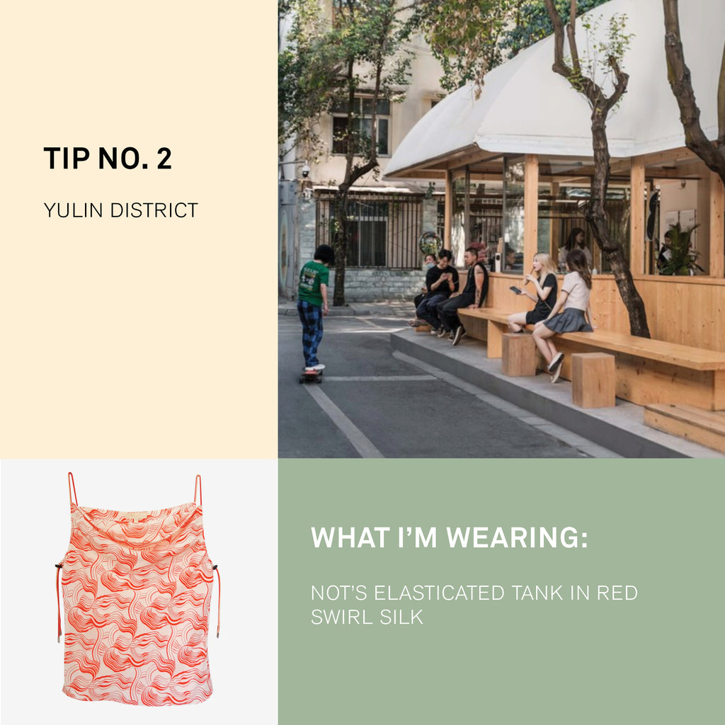 Chengdu travel tips photo of street in yulin district paired with product photo of red swirl silk tank