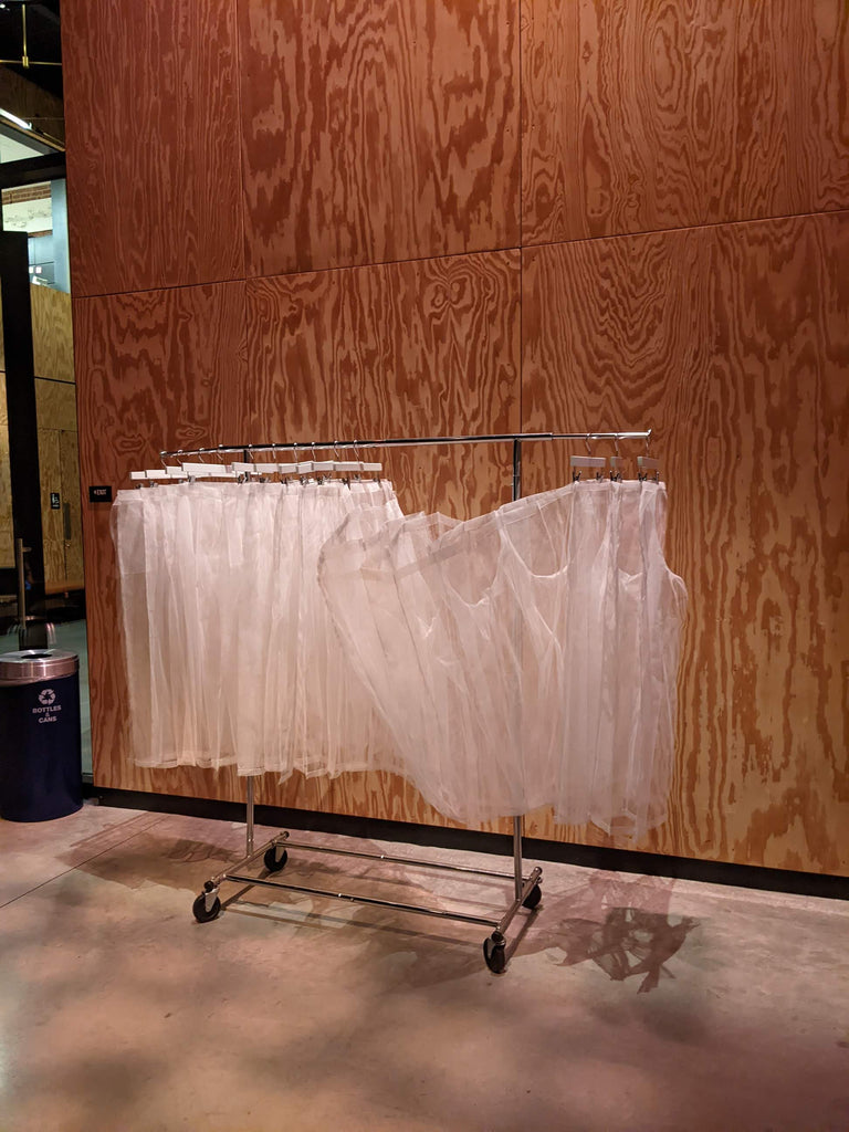 17-person crinoline pant installed in lobby of St Anns Warehouse