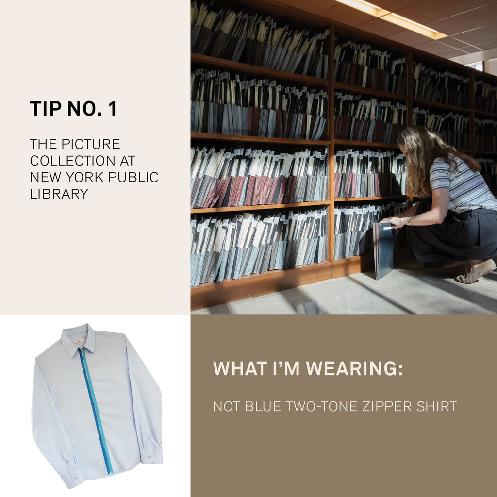 Woman bent at shelves of files and a product photo of blue shirt with zipper