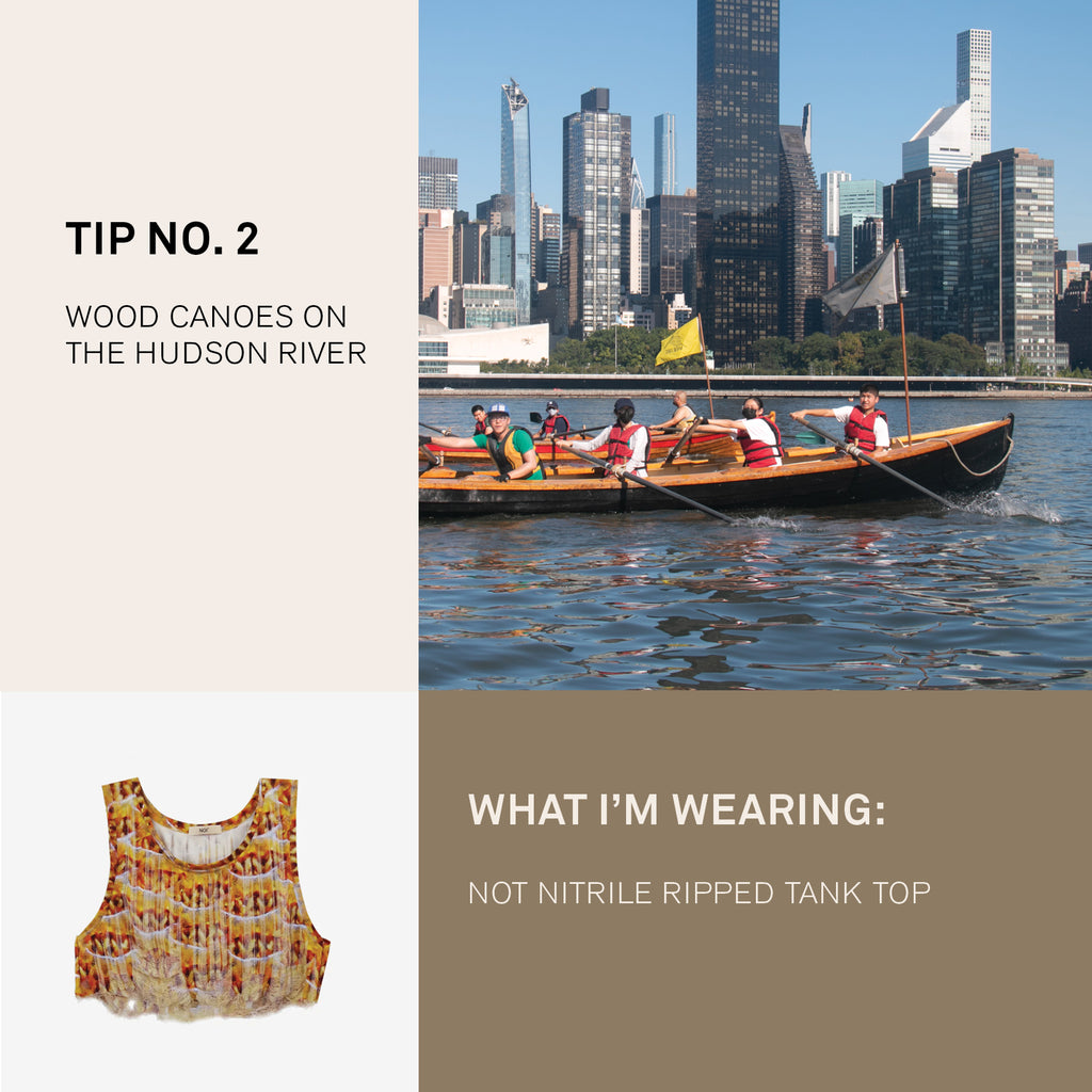 People rowing canoe with NYC skyline and product photo of orange digital printed tank top
