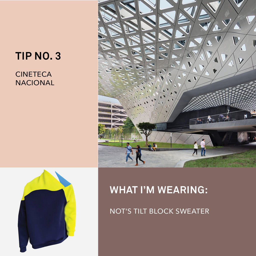 Photo of architectural cinema complex paired with a colorful neoprene sweater