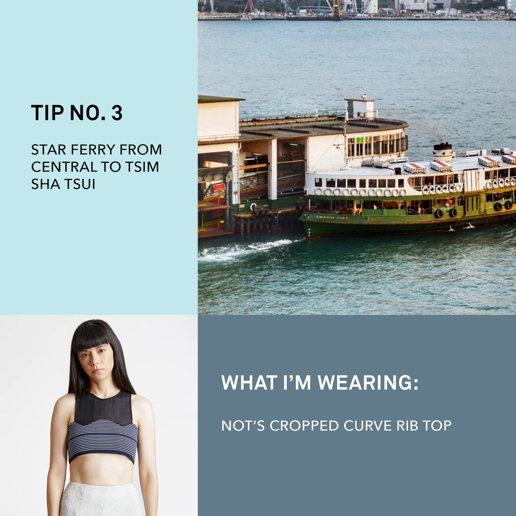 Ferry over water in Hong Kong paired with model wearing striped crop top