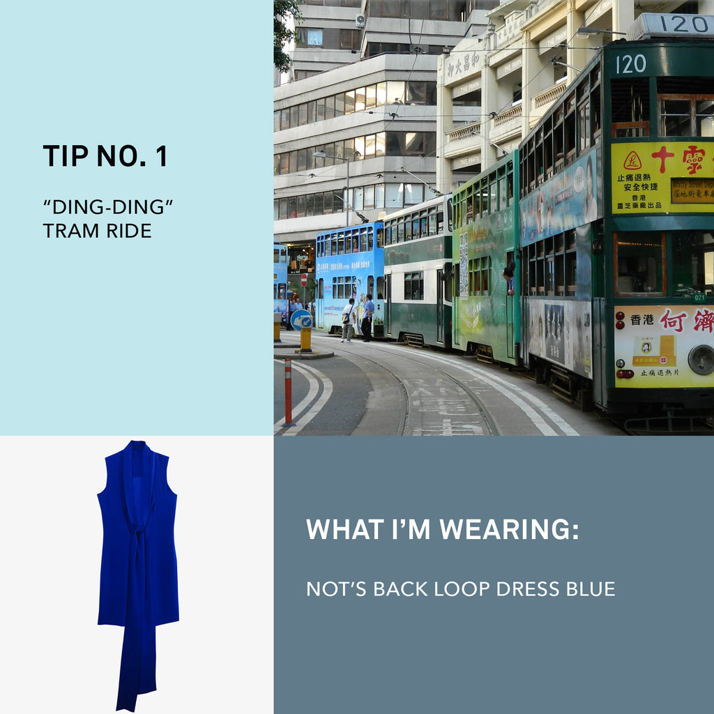 City view of hong kong tram paired with product photo of blue silk dress