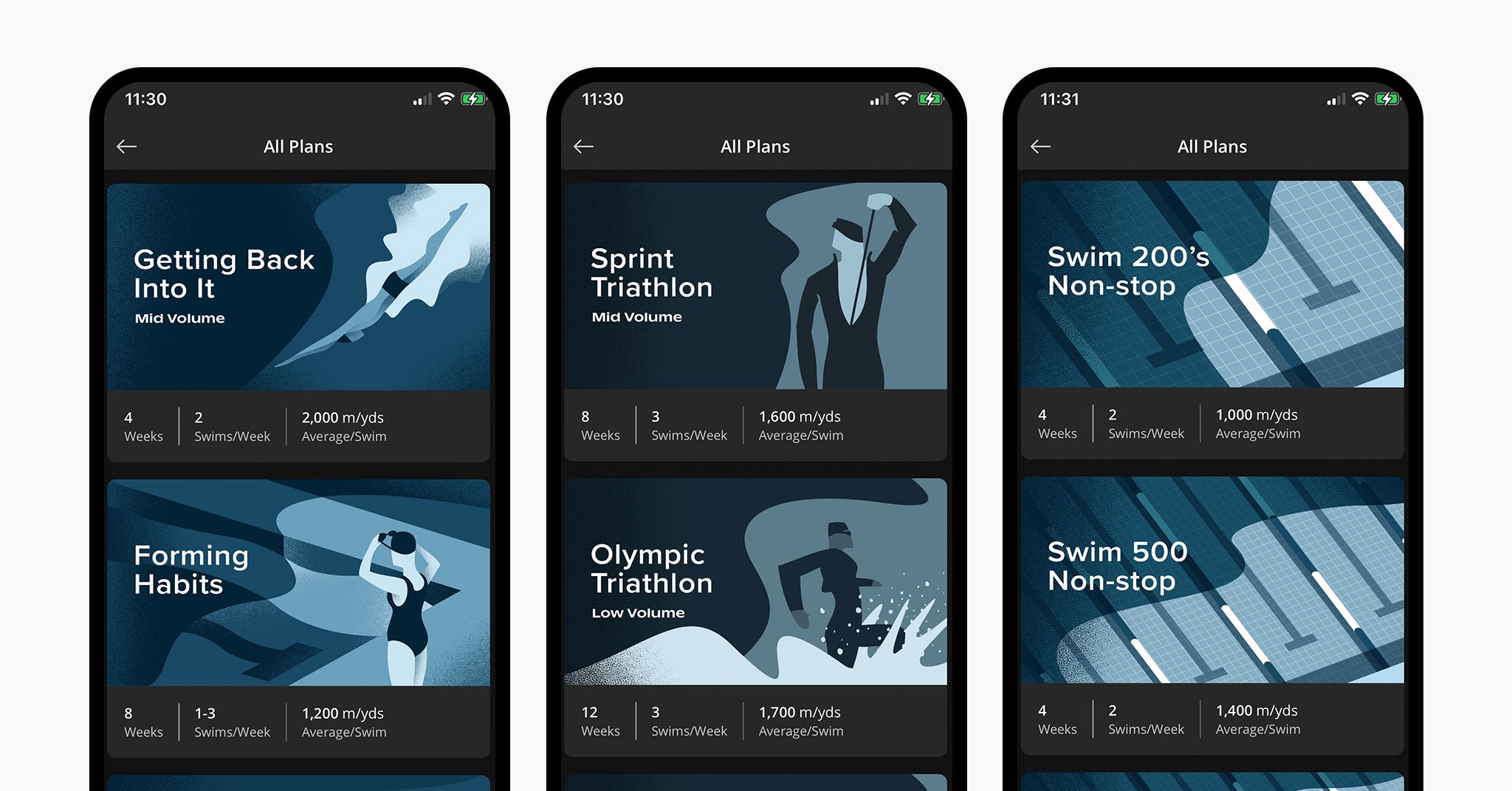 Three phone screens with triathlon swim training plans listed on them
