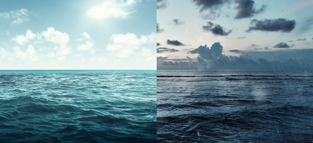 Side by side comparison of different ocean water in two different weather conditions (sunny and rainy)