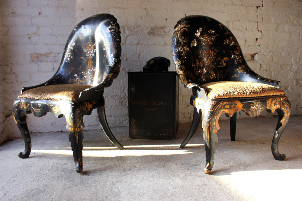 A Fine Pair Of Early Victorian Japanned Papier Mache Side Chairs C