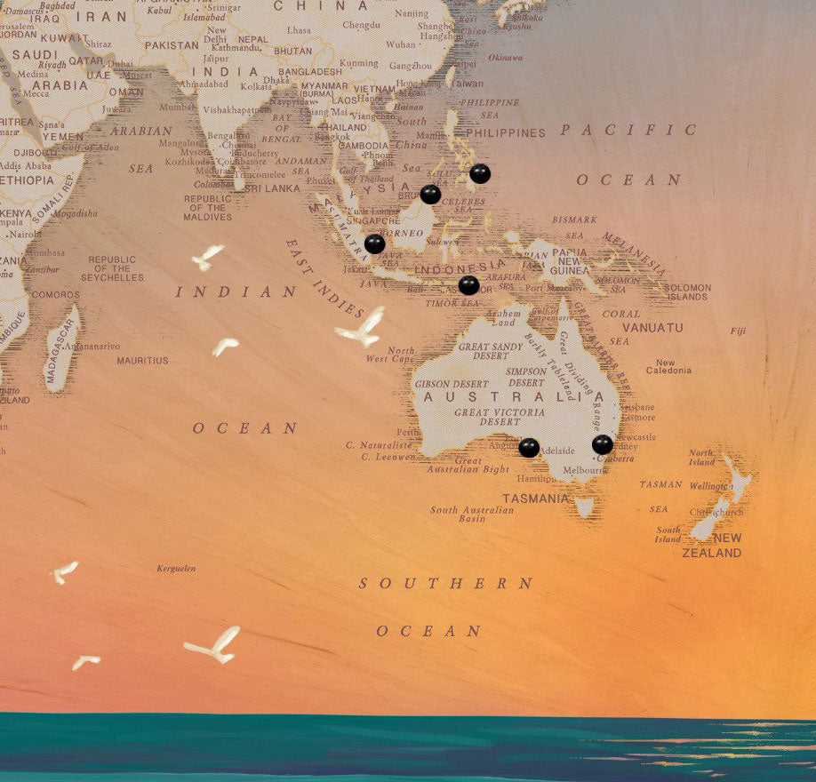 Indonesian surfing locations pinned on travel map