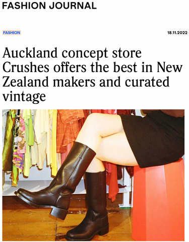 Screenshot of article. It reads; "Auckland concept store Crushes offers the best in New Zealand makers and curated vintage"