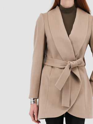 Wrap Coat with Shawl Collar in Alpaca Wool Blend - Beige - Qinti