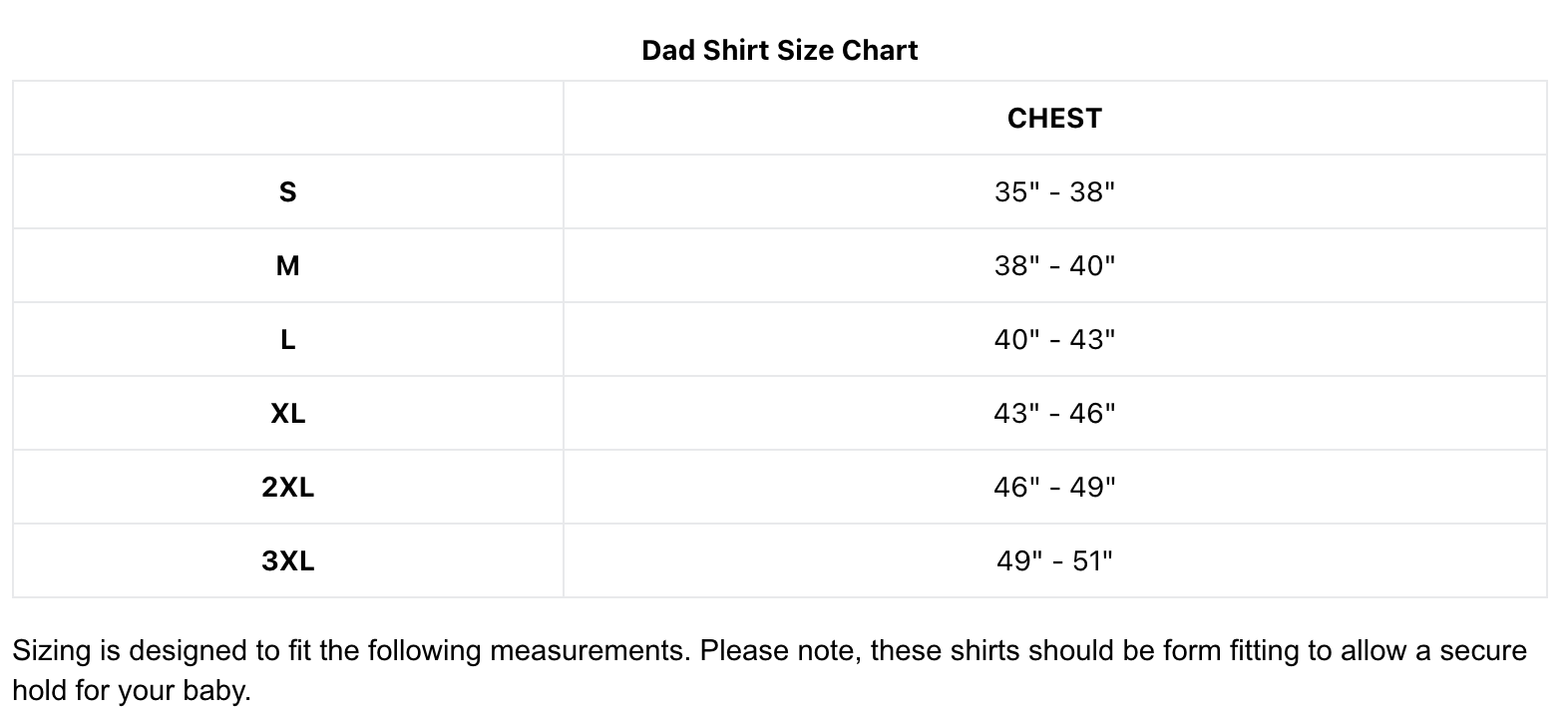 dad shirt size chart