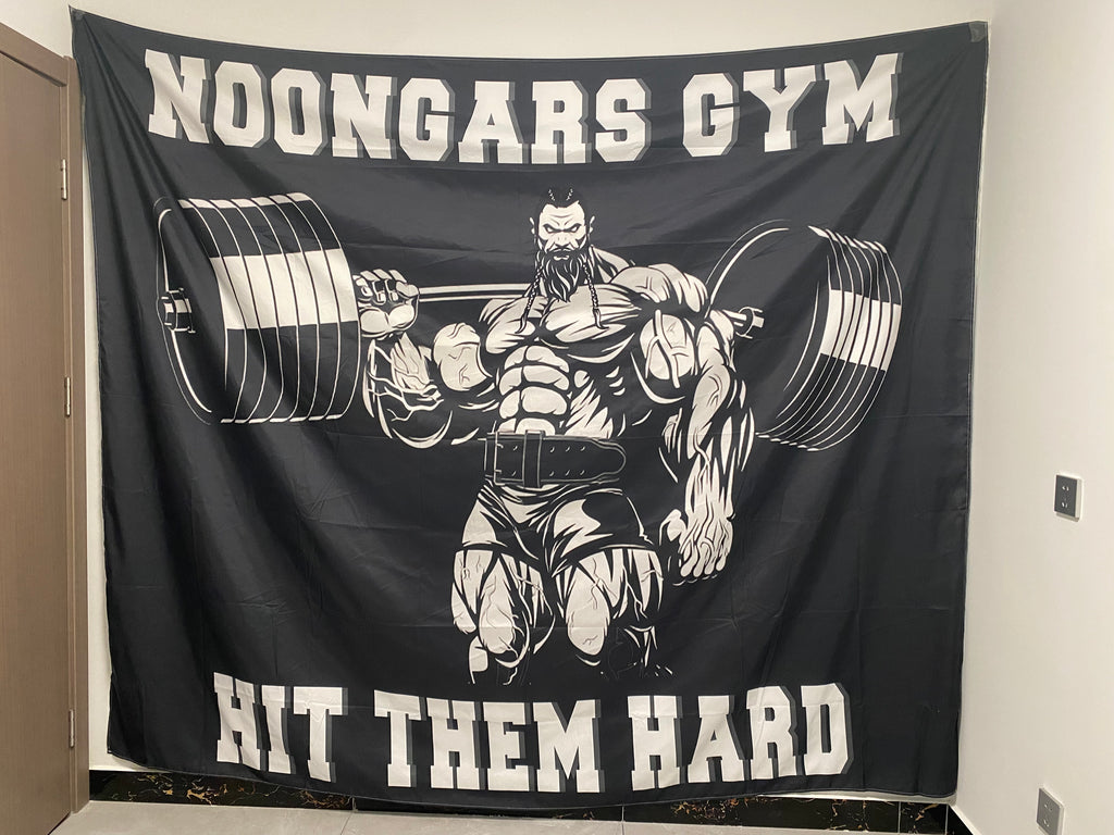 Gym Flag Banner Home Gym Decor Muscular Man Lifting Weights With a Motivational Quote