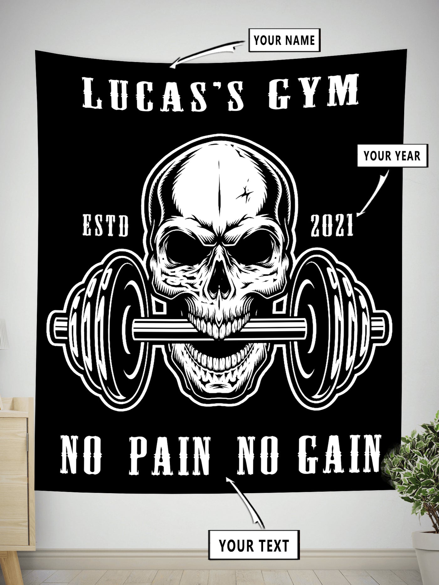 No Pain No Gain Flag Home Gym Decor Skull D