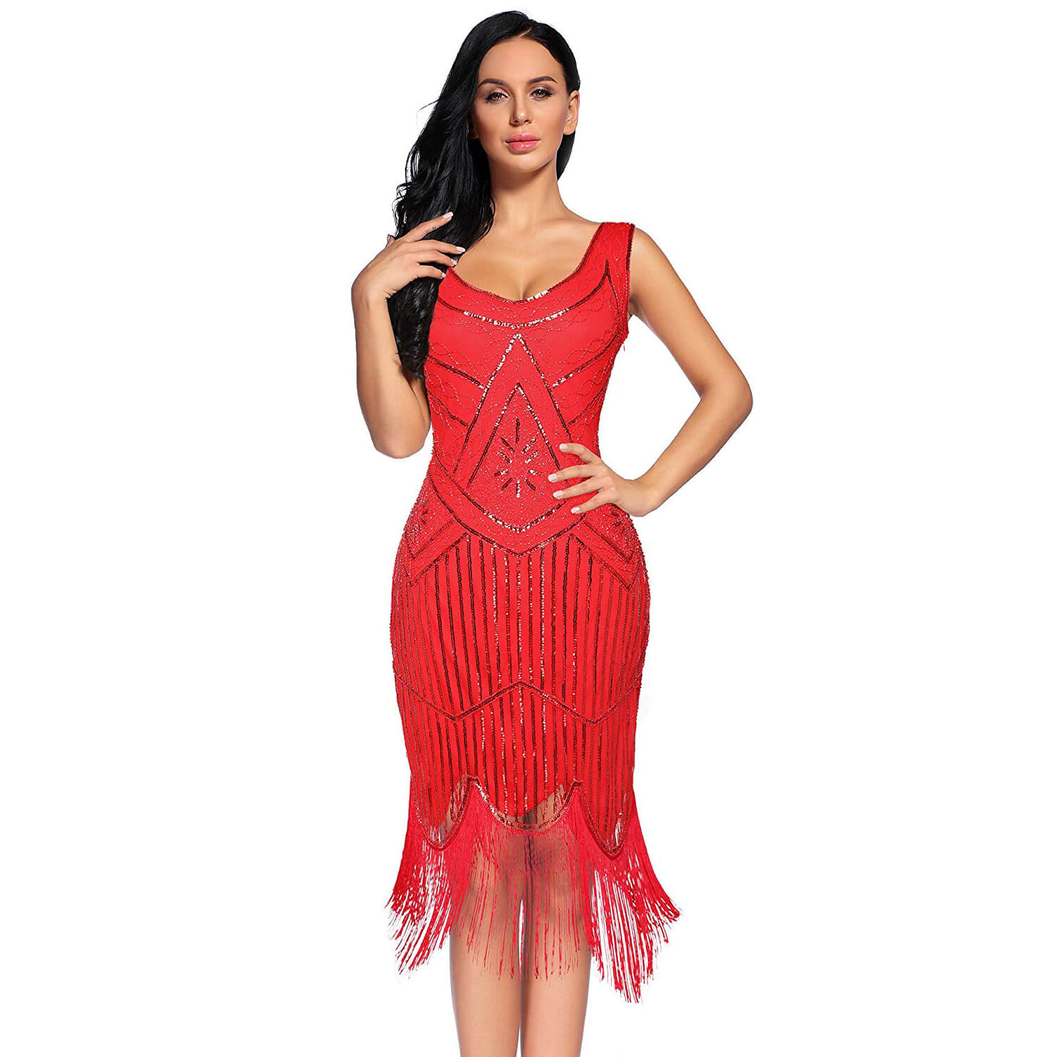 red sequin tassel dress