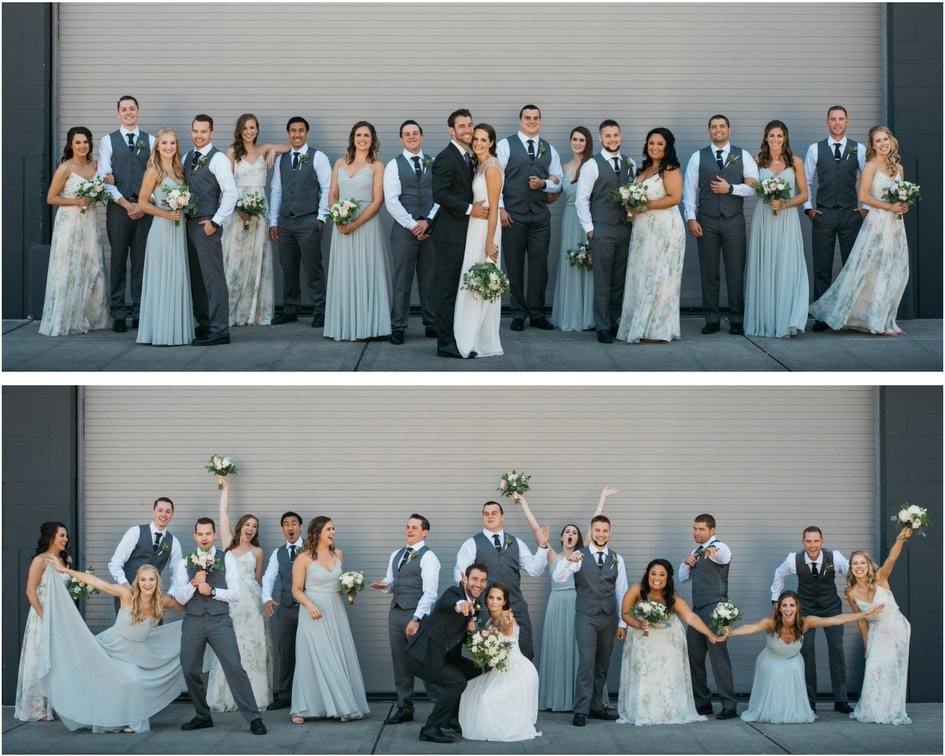 Seattle wedding party with grey and blue bridesmaids dresses 