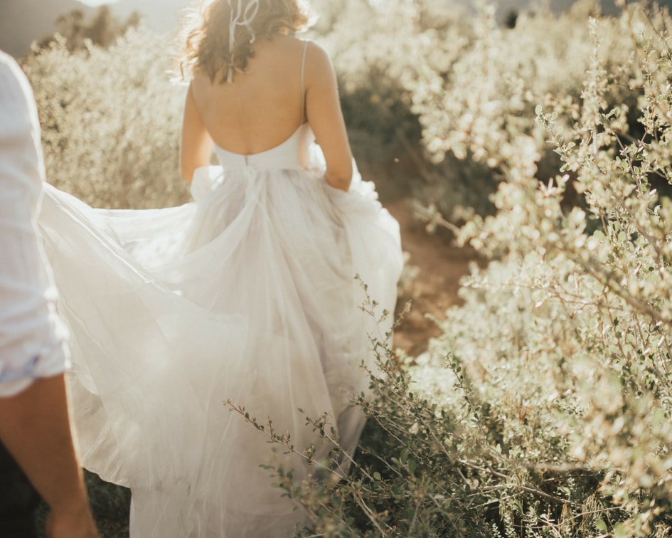 flowing leanne Marshall wedding dress for Colorado mountain wedding 