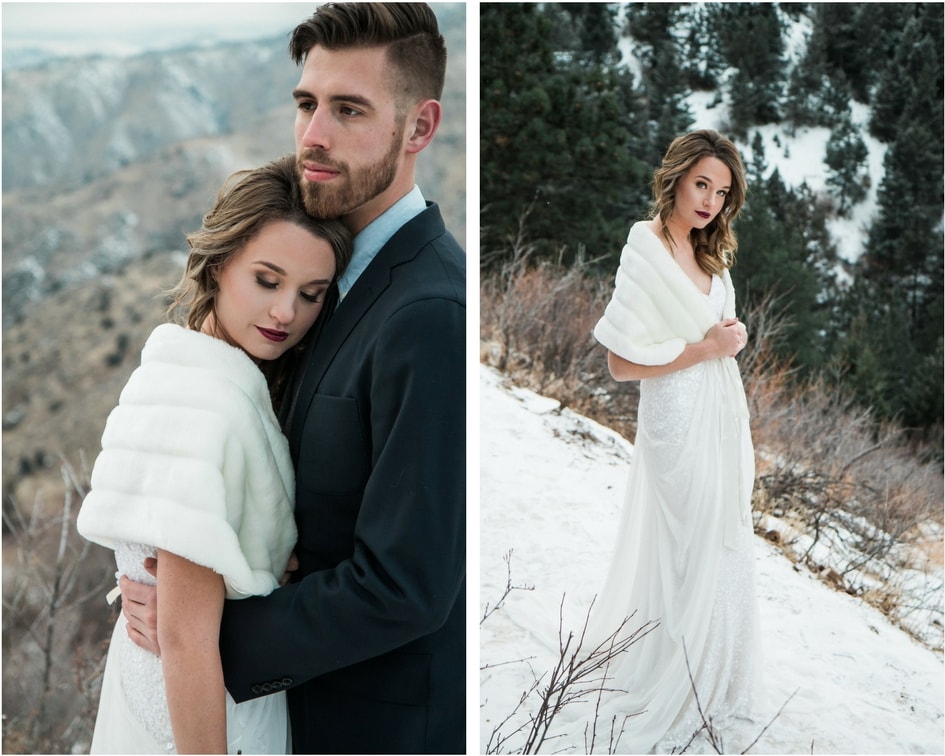 Colorado mountain wedding with white fur shawl