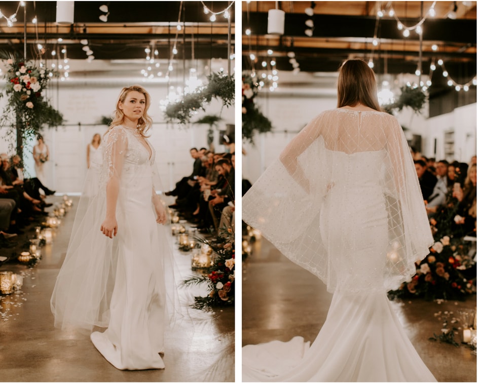 beaded bridal cape with simple crepe wedding dress 