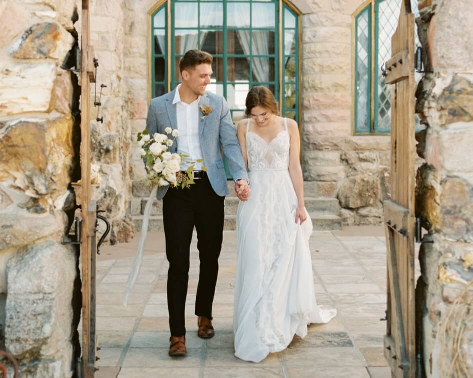 lace wedding dress with casual groom 