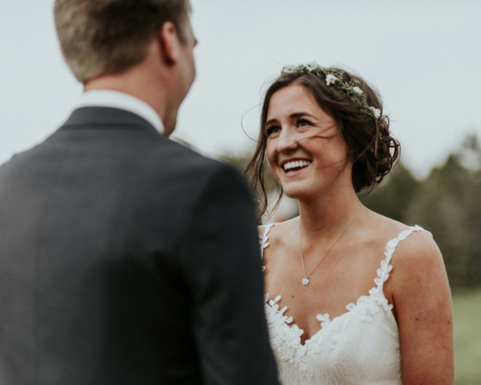 lace Leanne Marshall wedding dress on bride with groom 