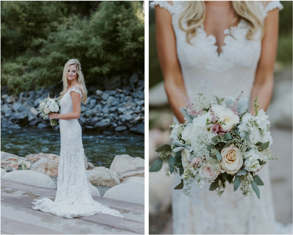 bride in lace illusion neckline wedding dress 