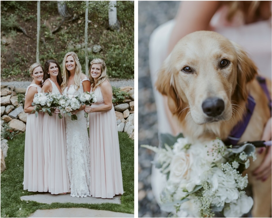 bride with bridesmaids in blush dresses 